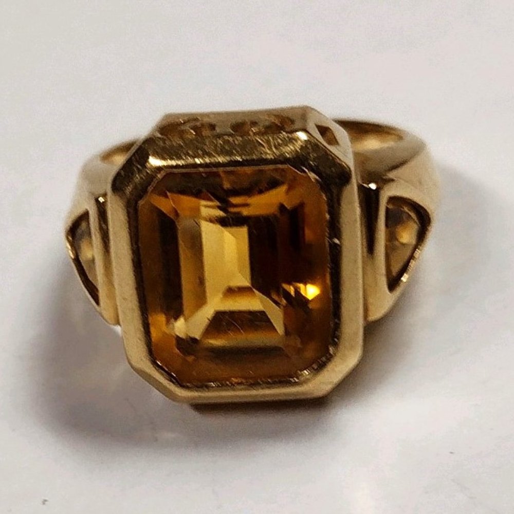 Vintage AVIV Solid 14K Yellow Gold Large Orange Citrine Cocktail Ring Size 8
